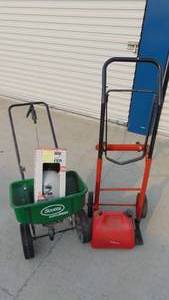 lot 46 image: Scotts Seeder, Dolly and Gas Can