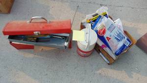 lot 47 image: Toolbox, Thermos, Vacuum Bags and Flag