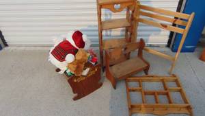 lot 48 image: Wood Caddel with Stuffed Animals, Shelf, Bench, Quilt Rack and other Small Shelf