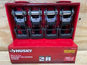 lot 44 image: 12ft X 1 in Ratchet Tie-Down 4-Pack Husky - 0521251.21