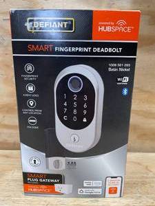 lot 108 image: Smart Fingerprint Deadbolt Defiant Satin Nickel Model # 1009 561 265 - 05152514.28
