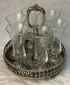 lot 28 image: 7 Piece Cordial Barware Set - Silverplated Stand and 6 Crystal Glasses