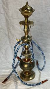 lot 7 image: Vintage Engraved Brass Inlay Painted Hookah Pipe Set with Case