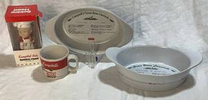 lot 45 image: Campbells Soup Company Collection - Green Bean Casserole Dishes, Chicken Noodle Soup Mug and Campbell Kids Bobble Head