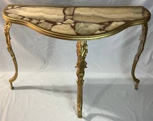 lot 5 image: Hollywood Regency Vintage Italian Gilt Gold & Onyx Stone Console Table
