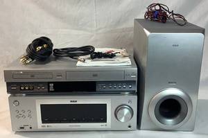 lot 41 image: Toshiba SD-V290 DVD-VCR Combo (missing Remote) AV Cables with Manual plus RCA RT2760 5.1 Channel Home Theater System 720W (missing Speakers) with 4 ohm Subwoofer
