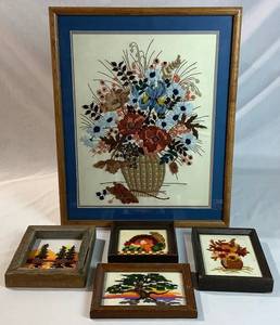 lot 37 image: Vintage Crewel Embroidery Framed Floral Artwork