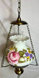 lot 6 image: Milk Glass Painted Roses Hurricane Style Hanging Lamp