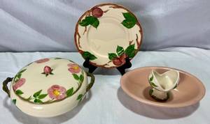 lot 125 image: Franciscan Desert Rose Round Covered Serving Dish, Candleholder and Franciscon Ware Oval Pink Serving Bowl