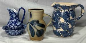 lot 73 image: Vintage Pitcher Collection - Victoria Ware Ironstone Pitcher & Basin, Blue Spongeware Pitcher and Salt Glaze Stoneware Pitcher