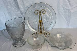 lot 107 image: Jeannette Glass Co. Iris and Herringbone Pitcher and Bowls and Anchor Hocking Avalon Platter