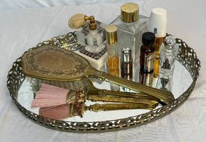 lot 92 image: Vintage Vanity Collection #1 featuring Mirrored Tray and Accessories
