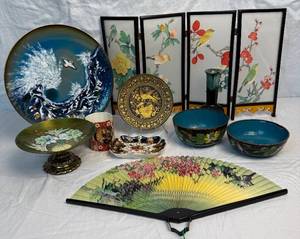 lot 87 image: Asian Collection - Plate, Bowls, Vase, Small Screen, Fan, Tumbler & Tray and Sacha B Brastoff Enameled Dish