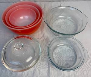 lot 76 image: Vintage Fire King Red to Orange Ombre Mixing Bowls, Lidded Dish and 2 Sapphire Blue Bowls