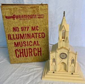 lot 95 image: Vintage Raylite Electric Corp. Lighted Musical Christmas Church 1959