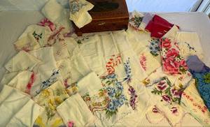lot 109 image: Collection of 34 Vintage Handkerchiefs and Hand Carved Jewelry Box