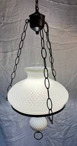 lot 112 image: Antique White Hobmail Milk Glass Hurricane Hanging Lamp