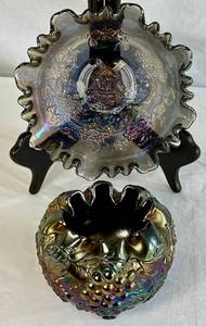 lot 53 image: Vintage Dugan Amethyst Carnival Glass Grape Delight Rose Bowl  & Imperial Glass Carnival Glass Windmill