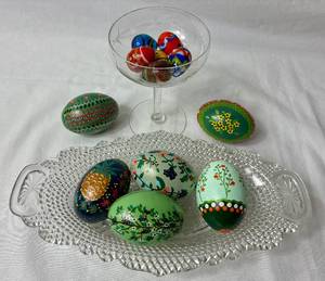 lot 63 image: Vintage Egg Collection -6 Mini Glass Eggs and 6 Handpainted Wooden Eggs