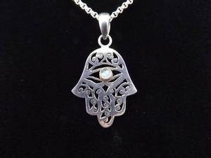 lot 10 image: .925 Sterling Silver Moonstone Cabochon Accented Hamsa Hand Pendant Necklace