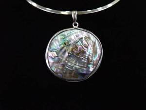 lot 13 image: NEW .925 Sterling Silver Abalone Pendant Rigid Omega Necklace
