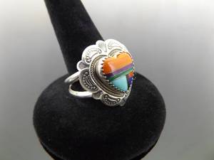 lot 57 image: .925 Sterling Silver Multi Inlayed Stone Zuni Heart Ring Size 7.75