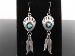 lot 85 image: .925 Sterling Silver Navajo Turquoise Bear Claw Feather Dangle Hook Earrings