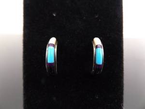 lot 86 image: .925 Sterling Silver Navajo Turquoise Mother of Pearl and Onyx Half Hoop Post Earrings