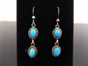 lot 87 image: .925 Sterling Silver Navajo Turquoise Cabochon Dangle Hook Earrings