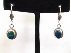 lot 88 image: .925 Sterling Silver Azurite Cabochon Hinged Clasp Dangle Hook Earrings