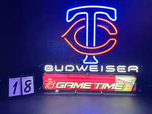 lot 18 image: Budweiser beer MN Twins MLB baseball, Game Time neon sign