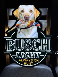 lot 173 image: Busch Light Hunting Dog, Yellow Lab with Pheasant, LED sign, NIB