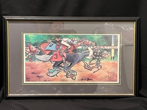lot 75 image: By A Nose horse racing, signed artwork, framed