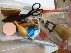 lot 60 image: Bin of Sewing Notions Shears, Zippers, Binding, Etc