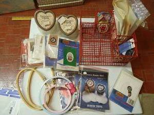lot 75 image: Wire Organizer w Crosstitch Kits, Sewing Notions, Hoops, Etc