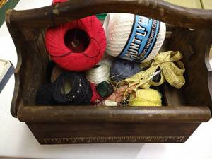 lot 96 image: Vintage Sewing Box w Yarn, Stork Embroidery Scissors, Threads, Etc