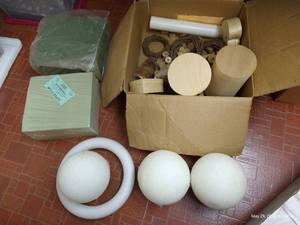lot 102 image: Craft Bin- Floral Foam, Styrofoam Balls, Wood Boxes, Spools, Etc