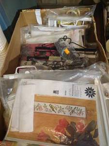 lot 137 image: Box of Opened Partial Kits & Patterns w Scandinavian Tapestry Holders