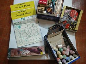lot 145 image: Rubber Stamps, Scissors, Crushed Velvet Crafting Kit, Paints, Etc