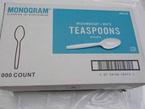 lot 104 image: Case of 1000 Monogram Plastic Teasp...