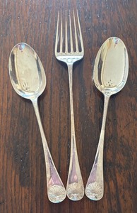 lot 12 image: Sterling Silver Williamsburg Shell Serving Spoon and Meat Fork