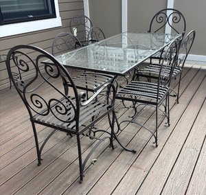 lot 13A image: Glass Top Patio Dining Table with 6 Wrought Iron Chairs