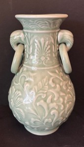 lot 88 image: Celadon Glazed Vase with Relief Floral Design and Ring Handles