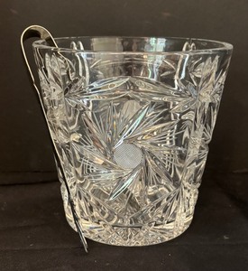 lot 93 image: Vintage Cut Glass Crystal Ice Bucket with Tongs, 6.5 Inch Height