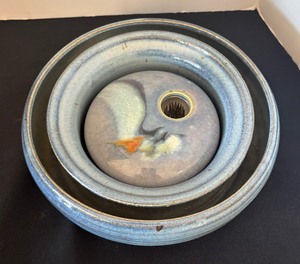 lot 61A image: Pretty Two Piece Pottery Console Style Floral Vase  Pottery Floral Frog