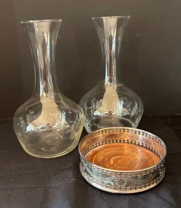 lot 98 image: Pair of 8-Inch Glass Decanters with Ornate Metal Wine Holder