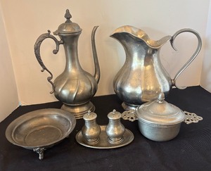 lot 103 image: Vintage Pewter Serving Set with Pitcher, Coffee Pot, and Accessories