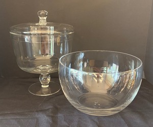 lot 104 image: Clear Glass 11.5 Inch Covered Pedestal Dish and Glass Serving Bowl