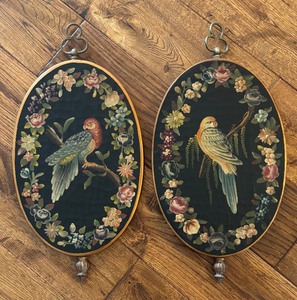 lot 106 image: Set of 2 Vintage Oval Embroidered Bird Wall Hangings