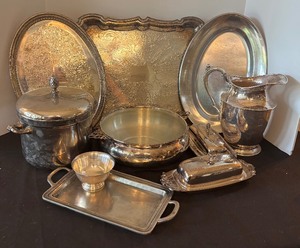 lot 110 image: Collection of Vintage Silverplate Serving Pieces Including Trays, Pitchers, and Covered Dishes